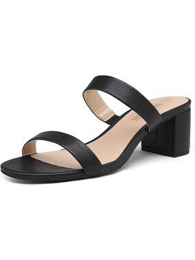 Women Black Pu Faux Leather Summer Comfort Open Toe Slip On Chunky Low Heel Pump